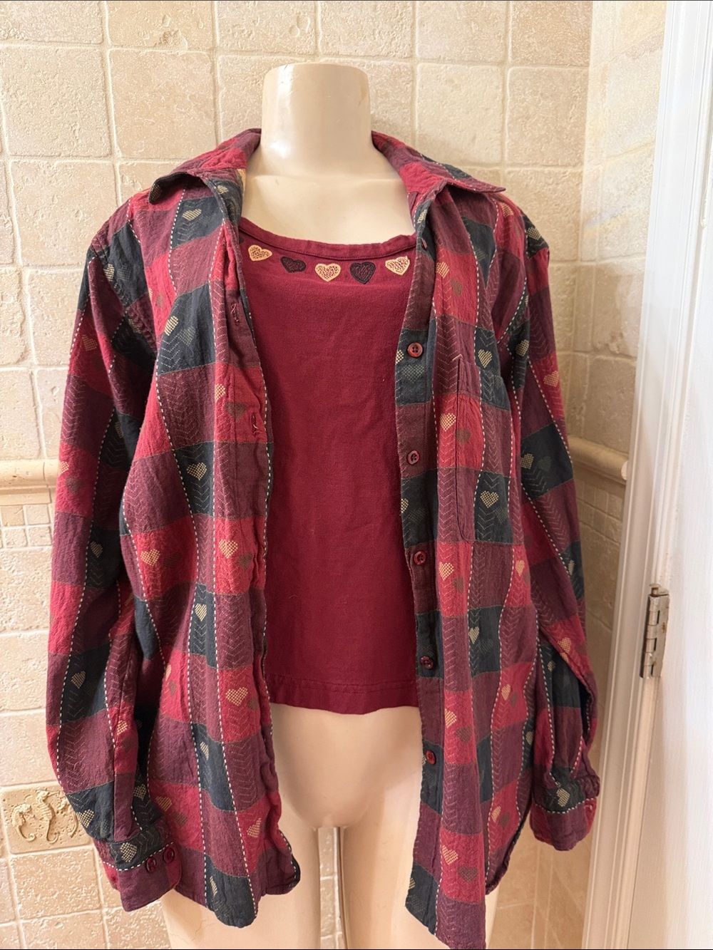 Red Plaid Button-Up Shirt with Heart Details